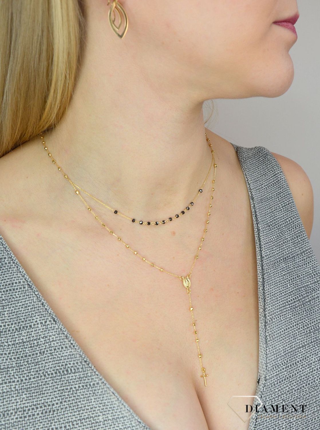 Złoty naszyjnik damski 585 różaniec i czarne koraliki NA 1135 585.jpg